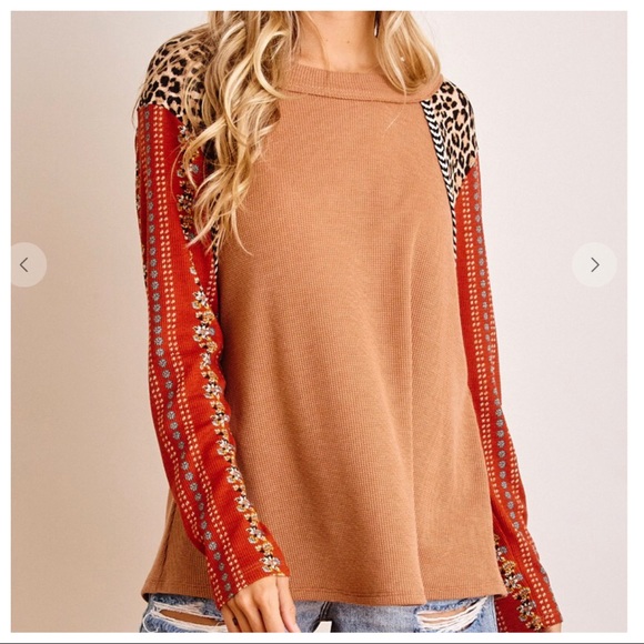 Aztec Mixed Print Contrast boho chic sleeve top - Picture 4 of 6